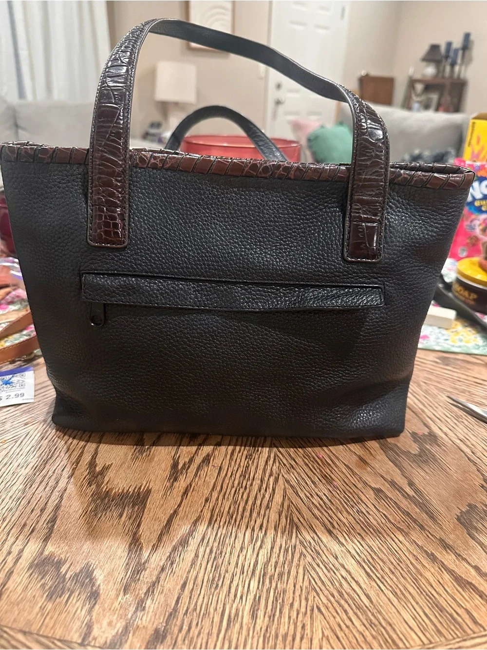 Brighton Black Leather Tote with Brown Croc-Trim